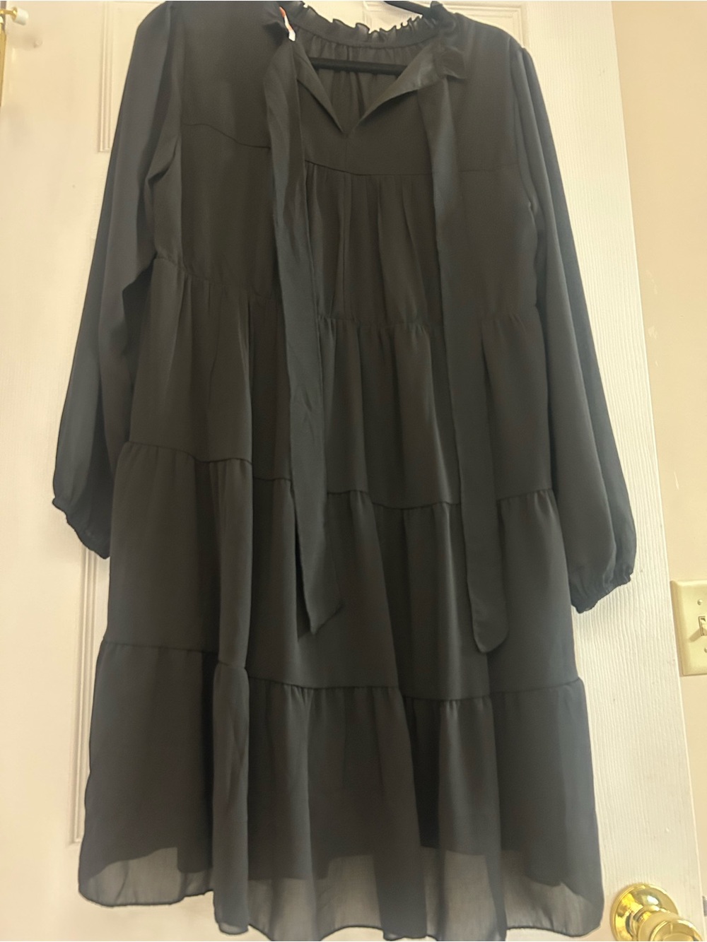 Black Tiered Long-Sleeve Tie-Neck Dress